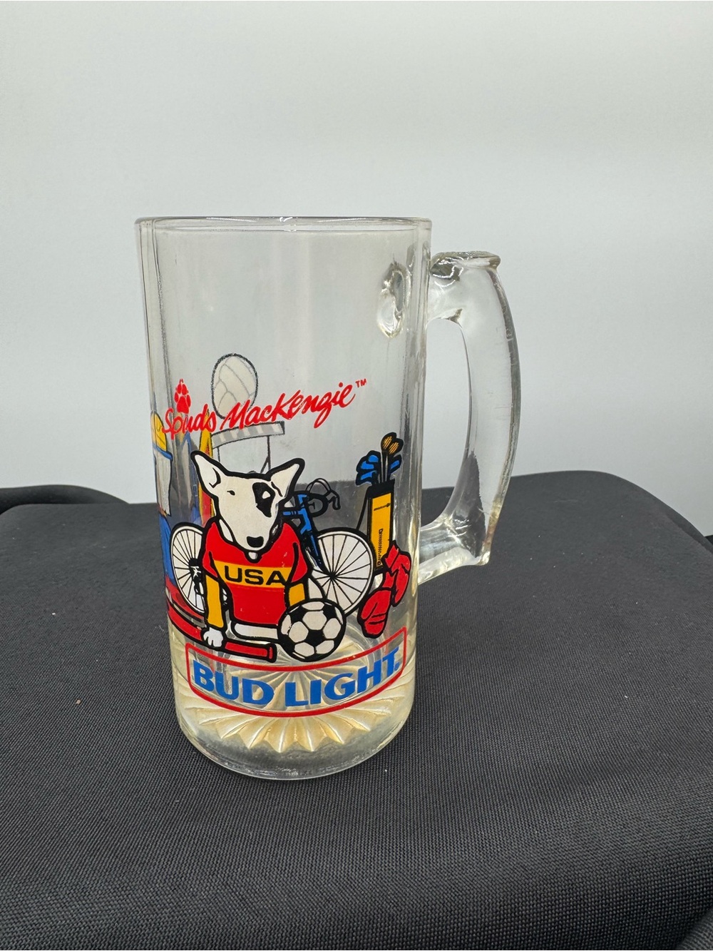 1988 Spuds MacKenziSoccer Graphic Glass Beer Mug - Clear with Red & Blue Accents